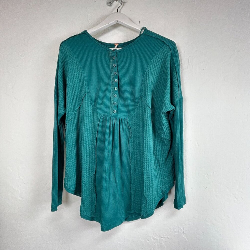Free People Womens Teal Waffle Knit Leo Henley Top XS Long Sleeve Oversized